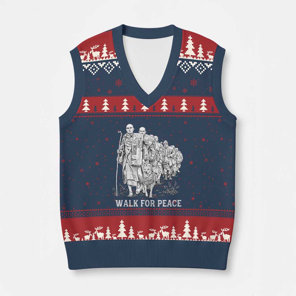 Walk for Peace Walking Monks and Aloka the Dog V-Neck Knit Sweater Vest Buddhist Mindfulness Spiritual Religious Faith TS02 Navy Red Print Your Wear