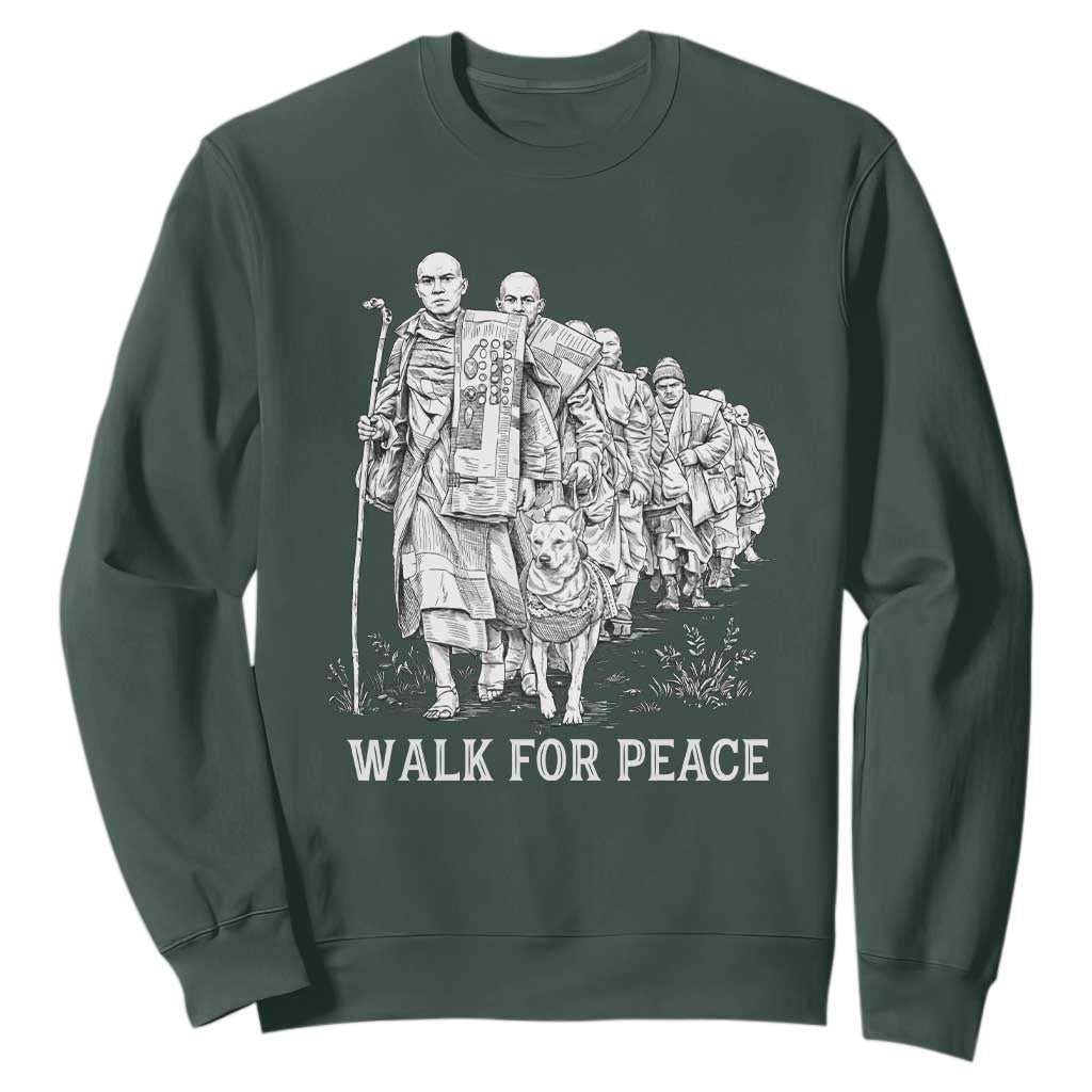 Walk for Peace Walking Monks and Aloka the Dog Sweatshirt Buddhist Mindfulness Spiritual Religious Faith TS02 Dark Forest Green Print Your Wear