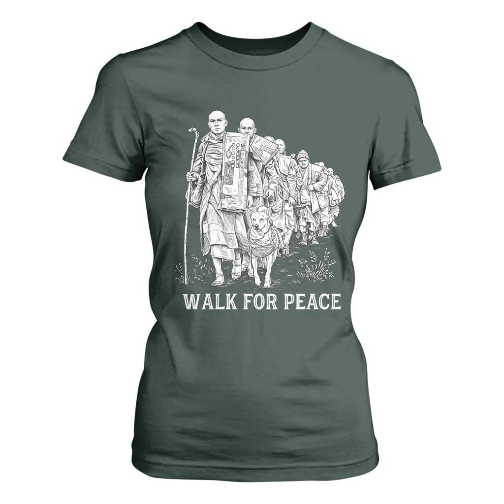 Walk for Peace Walking Monks and Aloka the Dog T Shirt For Women Buddhist Mindfulness Spiritual Religious Faith TS02 Dark Forest Green Print Your Wear