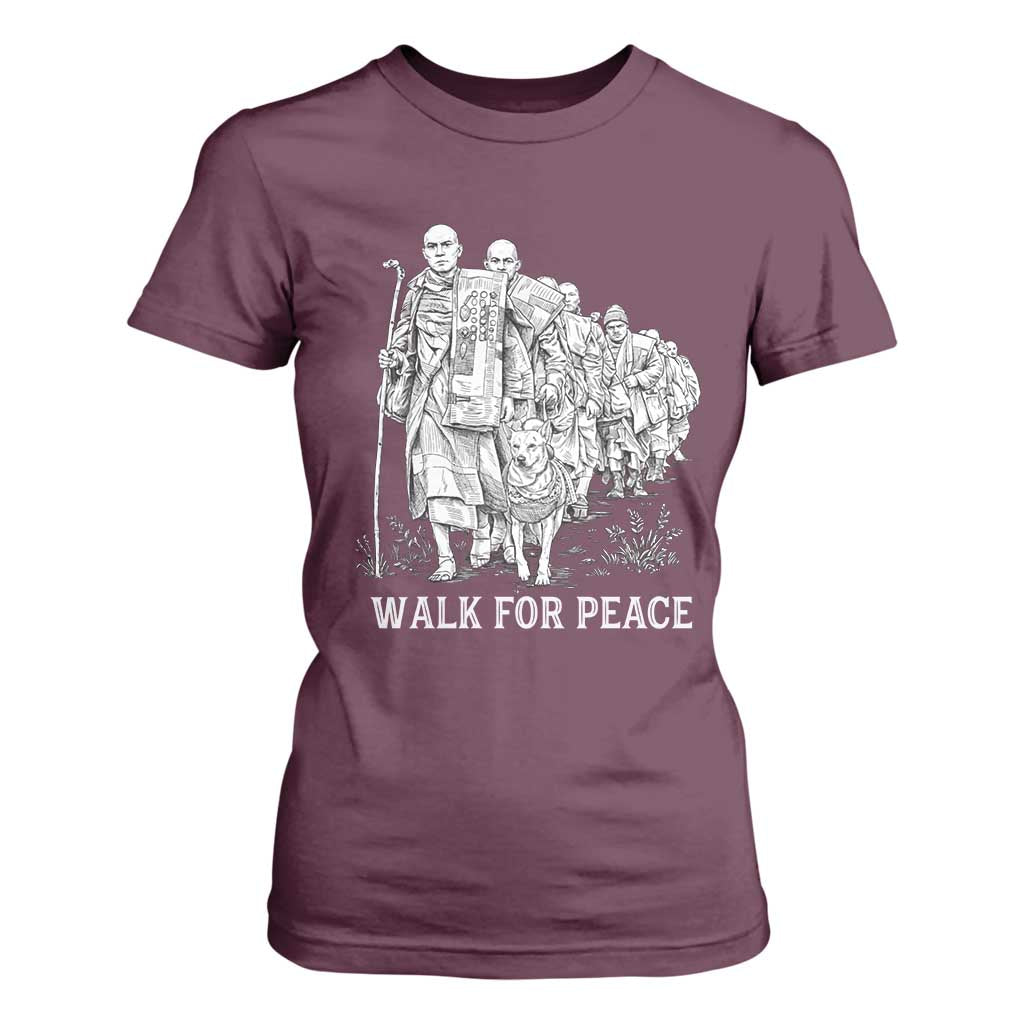 Walk for Peace Walking Monks and Aloka the Dog T Shirt For Women Buddhist Mindfulness Spiritual Religious Faith TS02 Maroon Print Your Wear