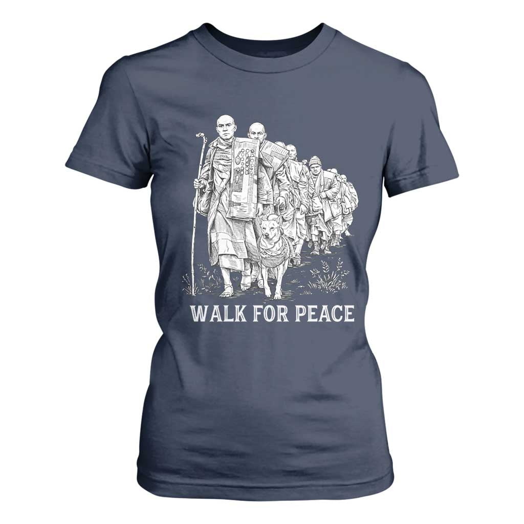 Walk for Peace Walking Monks and Aloka the Dog T Shirt For Women Buddhist Mindfulness Spiritual Religious Faith TS02 Navy Print Your Wear