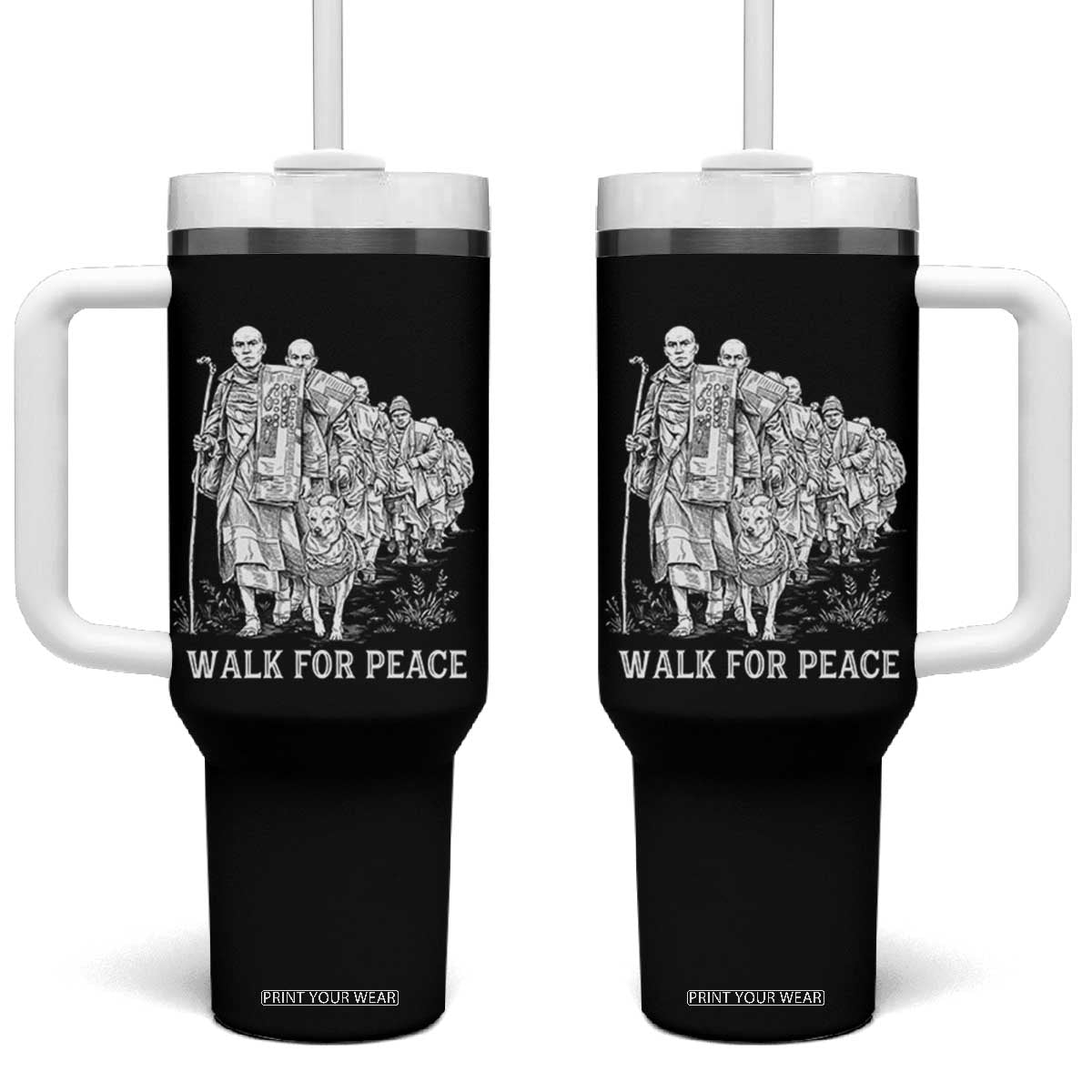 Walk for Peace Walking Monks and Aloka the Dog Tumbler With Handle Buddhist Mindfulness Spiritual Religious Faith TS02 One Size: 40 oz Black Print Your Wear