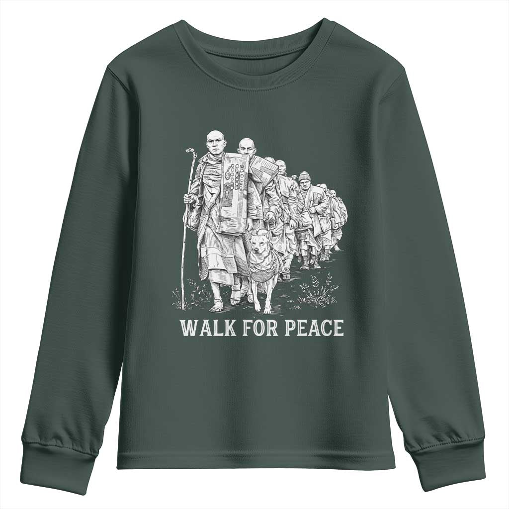 Walk for Peace Walking Monks and Aloka the Dog Youth Sweatshirt Buddhist Mindfulness Spiritual Religious Faith TS02 Dark Forest Green Print Your Wear