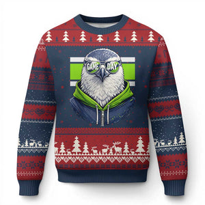 Cool Hawk Wearing Hoodie Graphic Ugly Christmas Sweater Game Day Swagger TS02 Navy Red Print Your Wear