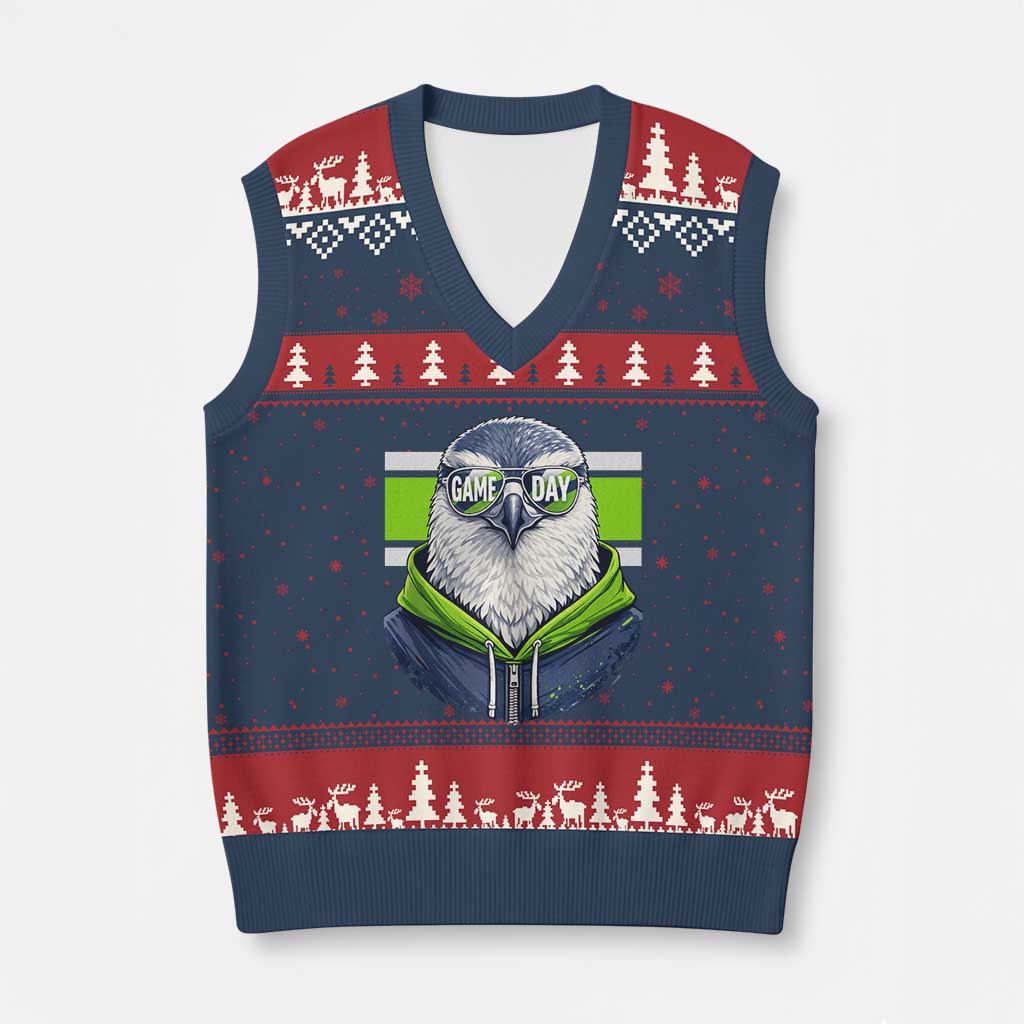 Cool Hawk Wearing Hoodie Graphic V-Neck Knit Sweater Vest Game Day Swagger TS02 Navy Red Print Your Wear