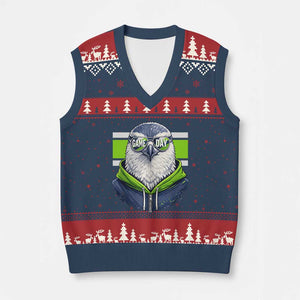 Cool Hawk Wearing Hoodie Graphic V-Neck Knit Sweater Vest Game Day Swagger TS02 Navy Red Print Your Wear