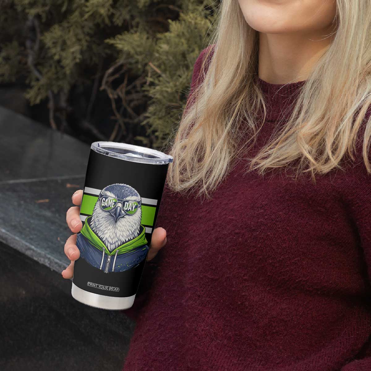 Cool Hawk Wearing Hoodie Graphic Tumbler Cup Game Day Swagger TS02 Print Your Wear