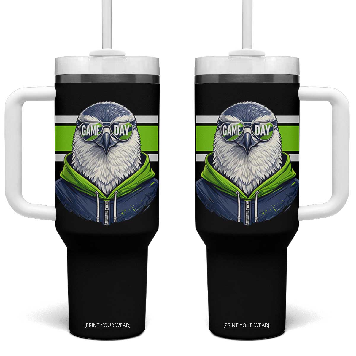 Cool Hawk Wearing Hoodie Graphic Tumbler With Handle Game Day Swagger TS02 One Size: 40 oz Black Print Your Wear