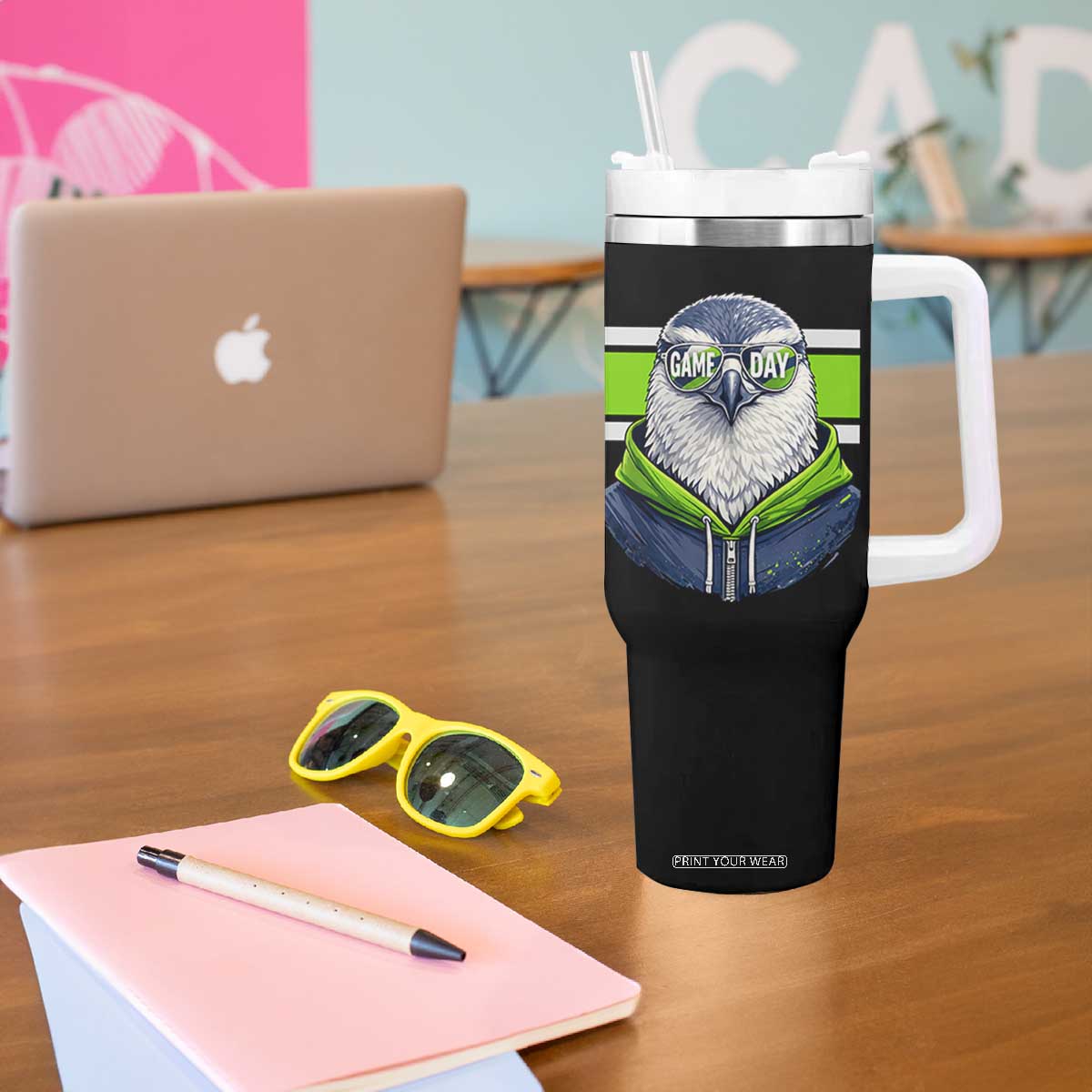 Cool Hawk Wearing Hoodie Graphic Tumbler With Handle Game Day Swagger TS02 Print Your Wear