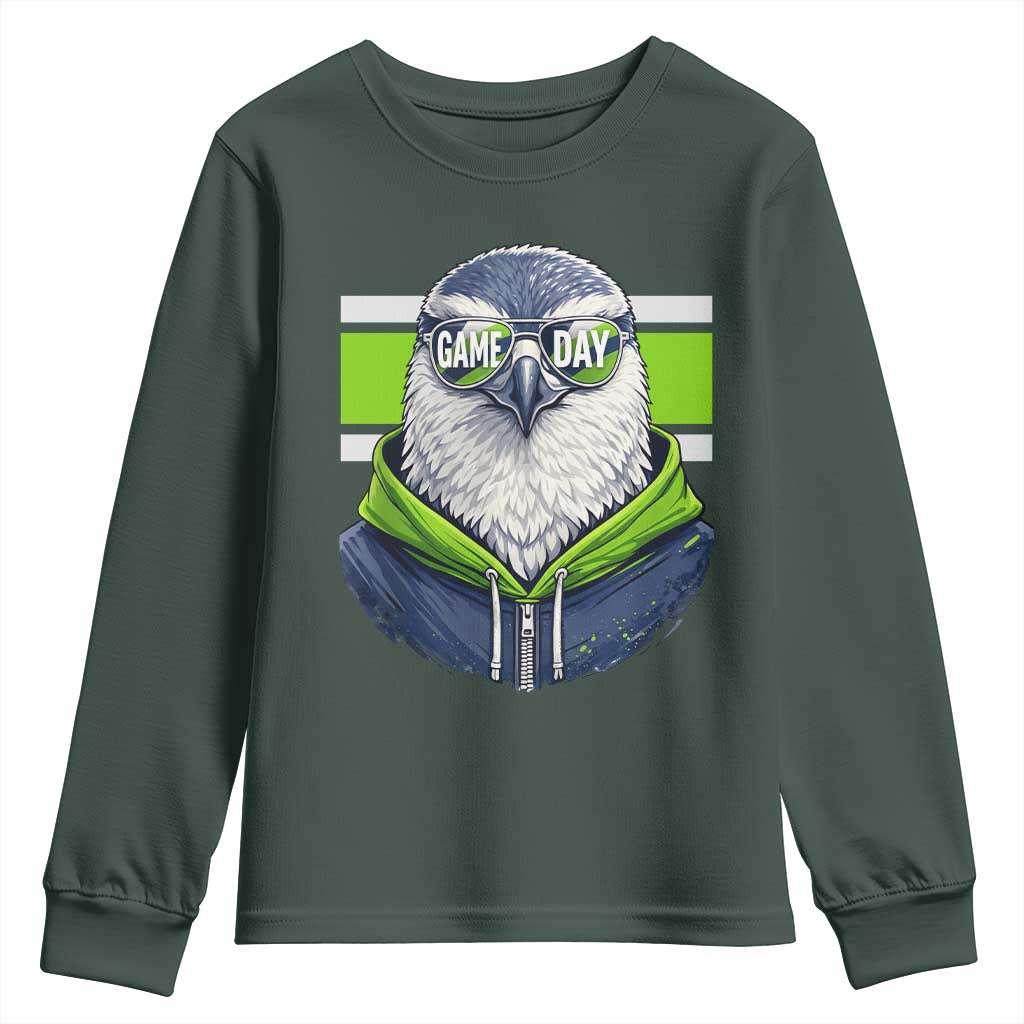Cool Hawk Wearing Hoodie Graphic Youth Sweatshirt Game Day Swagger TS02 Dark Forest Green Print Your Wear