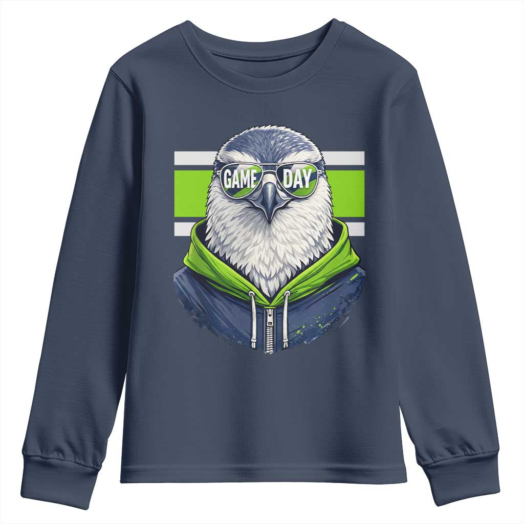Cool Hawk Wearing Hoodie Graphic Youth Sweatshirt Game Day Swagger TS02 Navy Print Your Wear