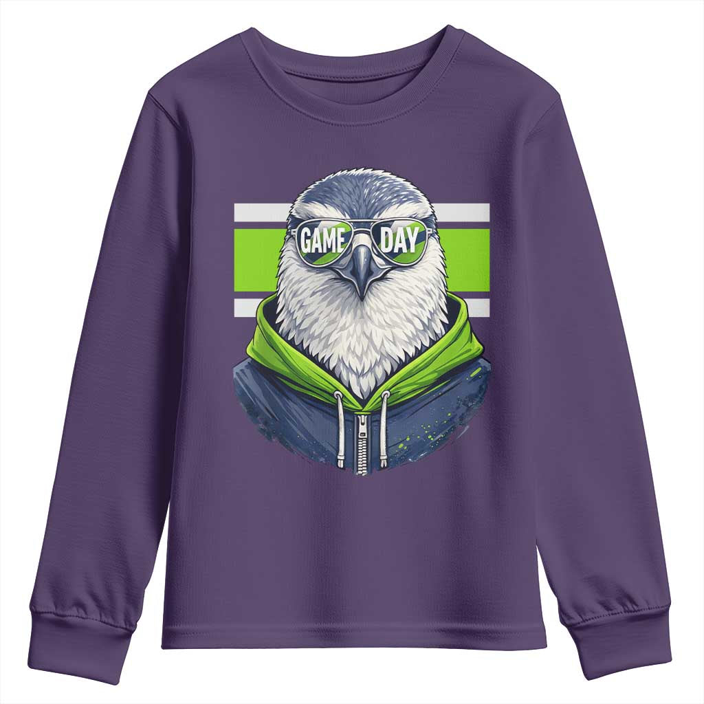 Cool Hawk Wearing Hoodie Graphic Youth Sweatshirt Game Day Swagger TS02 Purple Print Your Wear