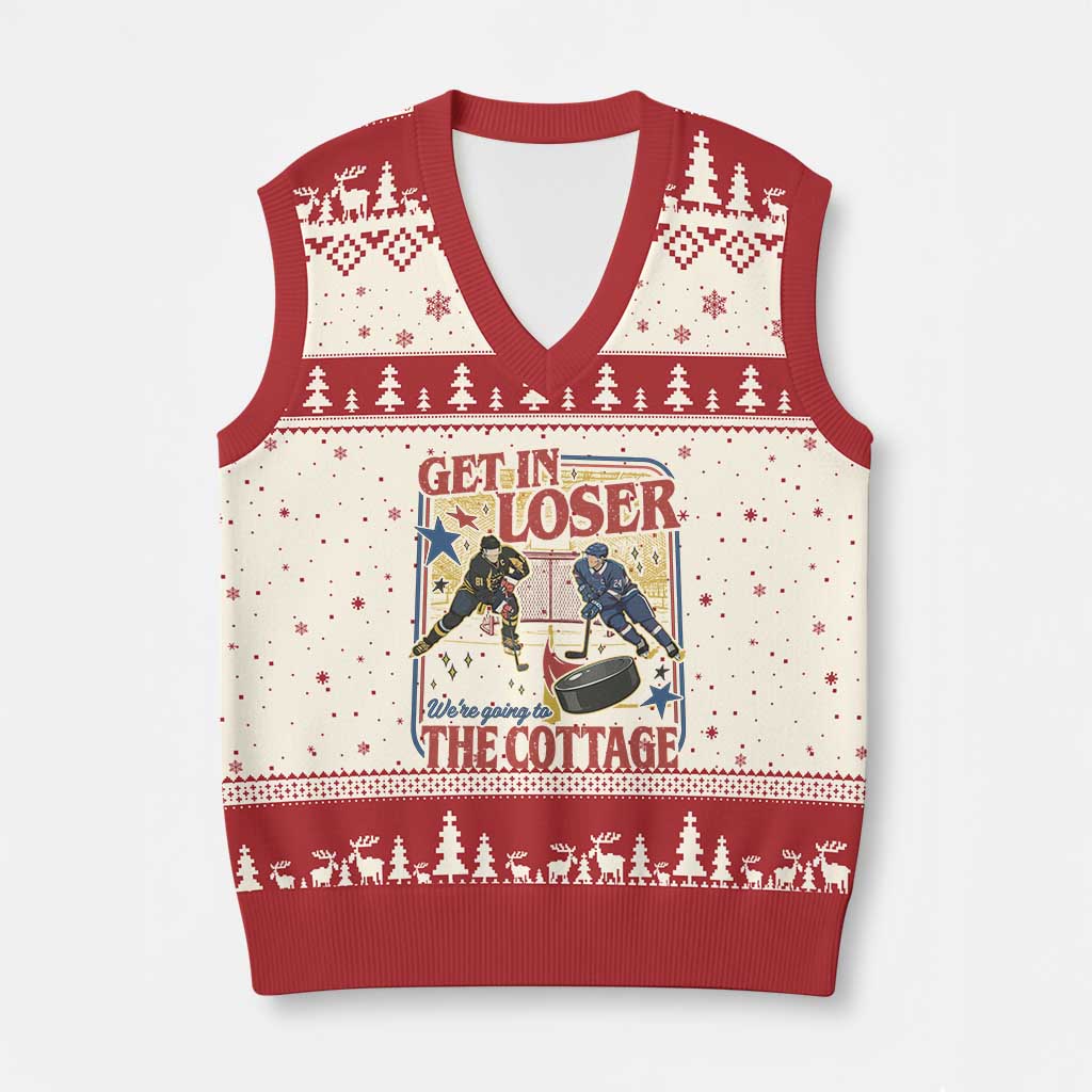 Get In Loser We’re Going To The Cottage V-Neck Knit Sweater Vest Hockey Romance LGBT Retro Summer Road Trip TS02 Beige Red Print Your Wear