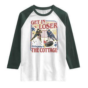 Get In Loser We’re Going To The Cottage Raglan Shirt Hockey Romance LGBT Retro Summer Road Trip TS02 White Dark Forest Green Print Your Wear