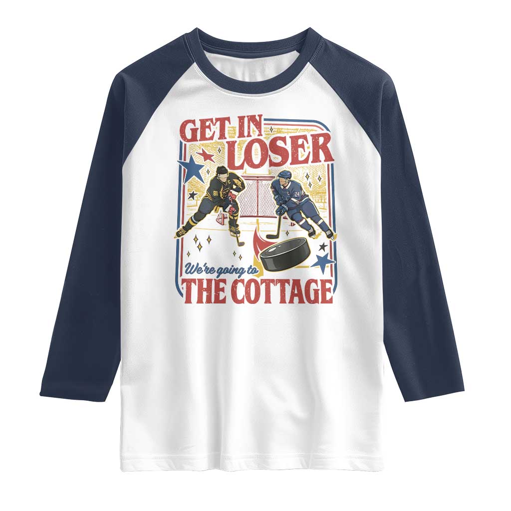 Get In Loser We’re Going To The Cottage Raglan Shirt Hockey Romance LGBT Retro Summer Road Trip TS02 White Navy Print Your Wear