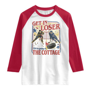 Get In Loser We’re Going To The Cottage Raglan Shirt Hockey Romance LGBT Retro Summer Road Trip TS02 White Red Print Your Wear
