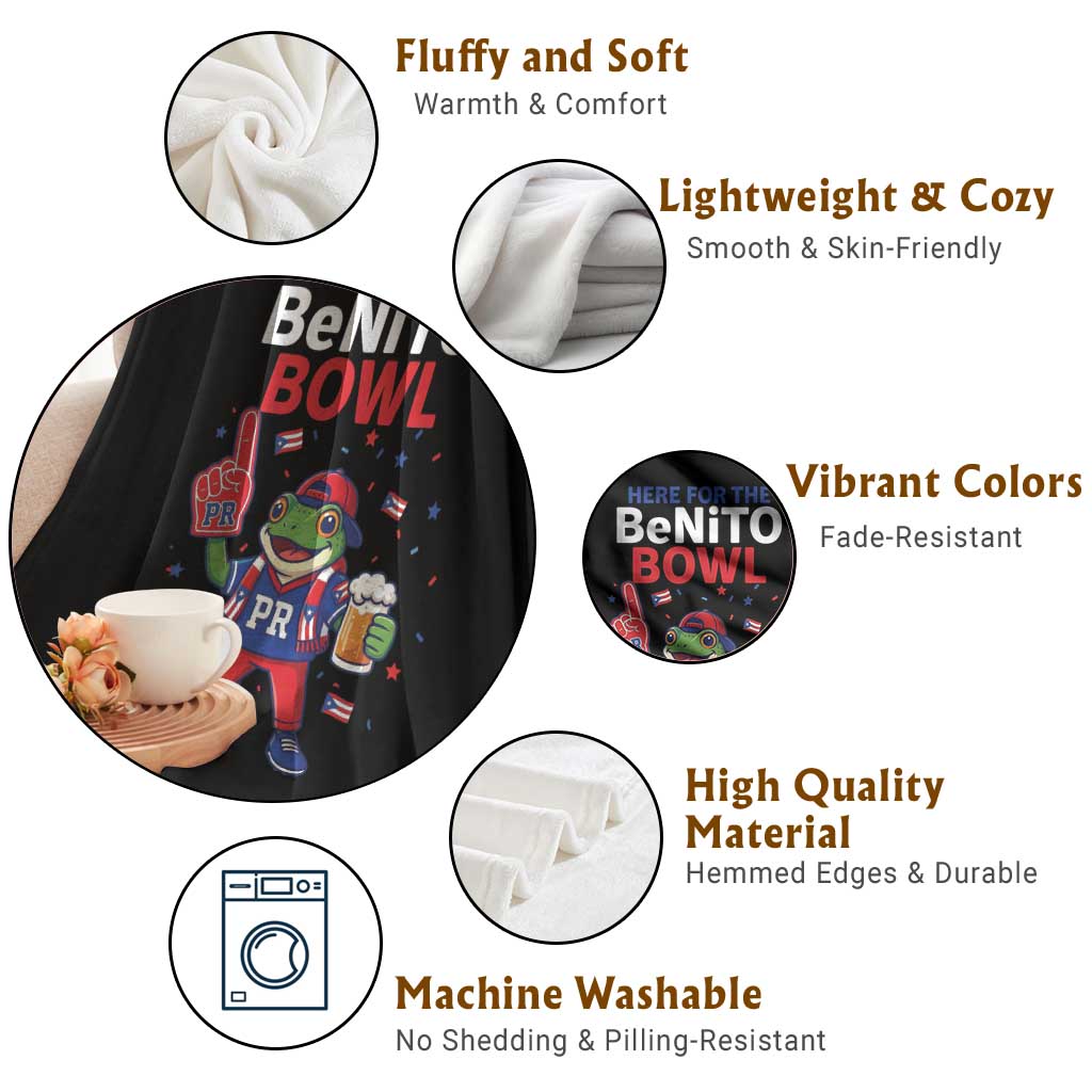 Funny Benito Bowl Puerto Rican Football Throw Blanket Coquí Frog Music Fan with Beer and Foam Finger TS02 Print Your Wear