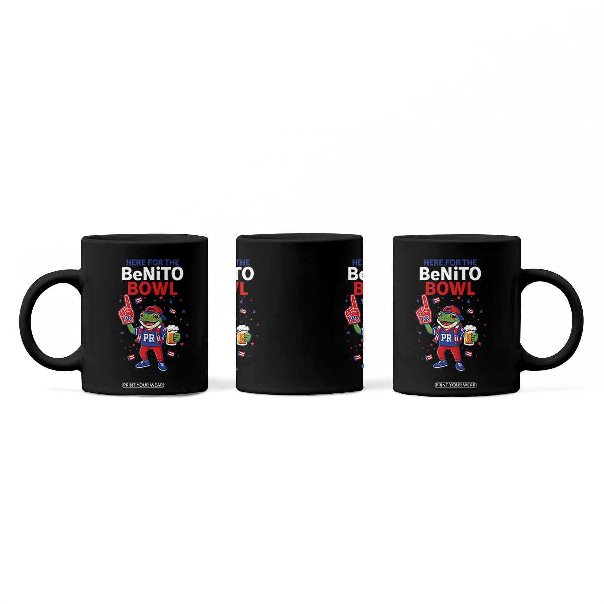 Funny Benito Bowl Puerto Rican Football Coffee Mug Coquí Frog Music Fan with Beer and Foam Finger TS02 Print Your Wear
