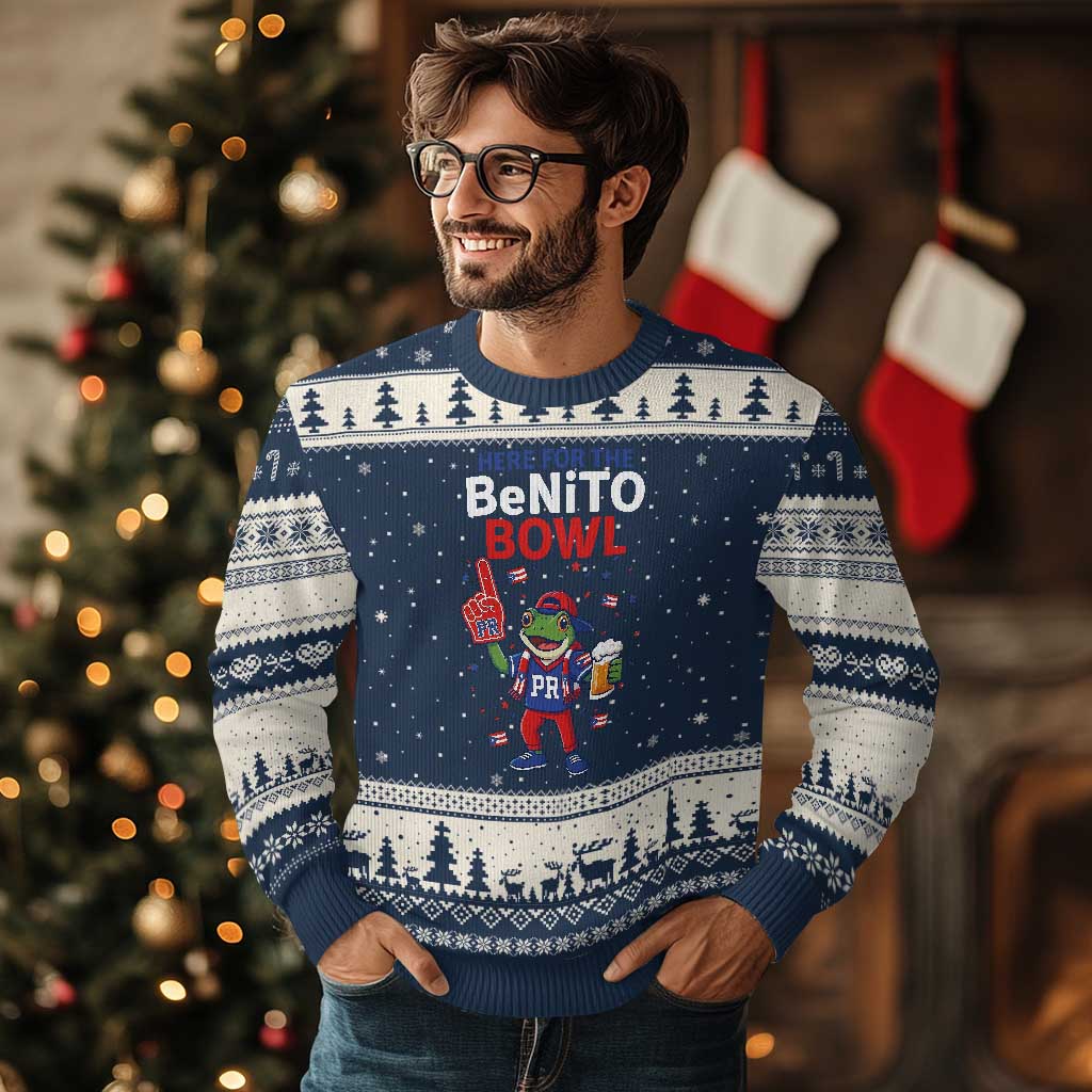 Funny Benito Bowl Puerto Rican Football Ugly Christmas Sweater Coquí Frog Music Fan with Beer and Foam Finger TS02 Navy Beige Print Your Wear