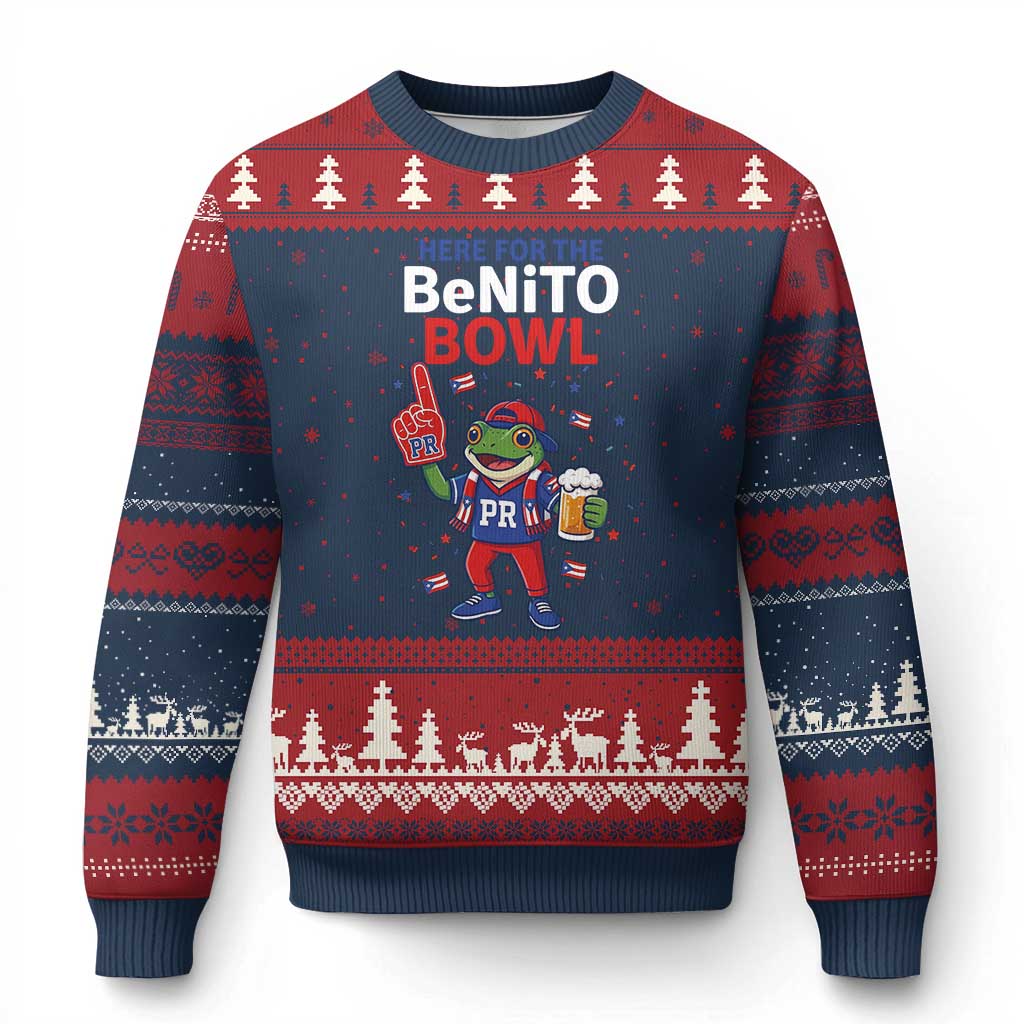 Funny Benito Bowl Puerto Rican Football Ugly Christmas Sweater Coquí Frog Music Fan with Beer and Foam Finger TS02 Navy Red Print Your Wear