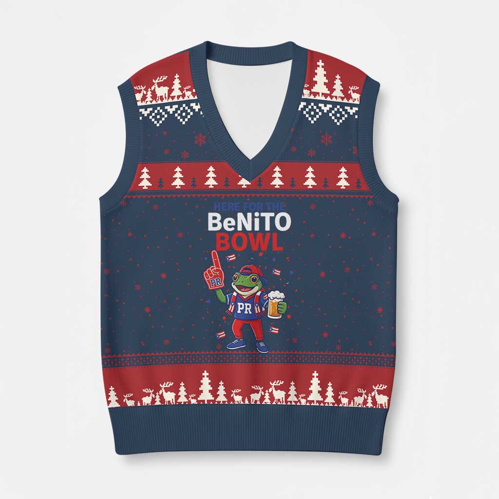 Funny Benito Bowl Puerto Rican Football V-Neck Knit Sweater Vest Coquí Frog Music Fan with Beer and Foam Finger TS02 Navy Red Print Your Wear