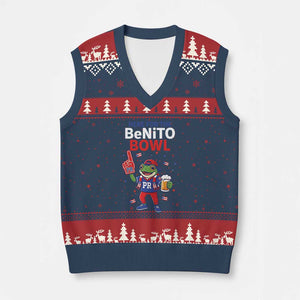 Funny Benito Bowl Puerto Rican Football V-Neck Knit Sweater Vest Coquí Frog Music Fan with Beer and Foam Finger TS02 Navy Red Print Your Wear