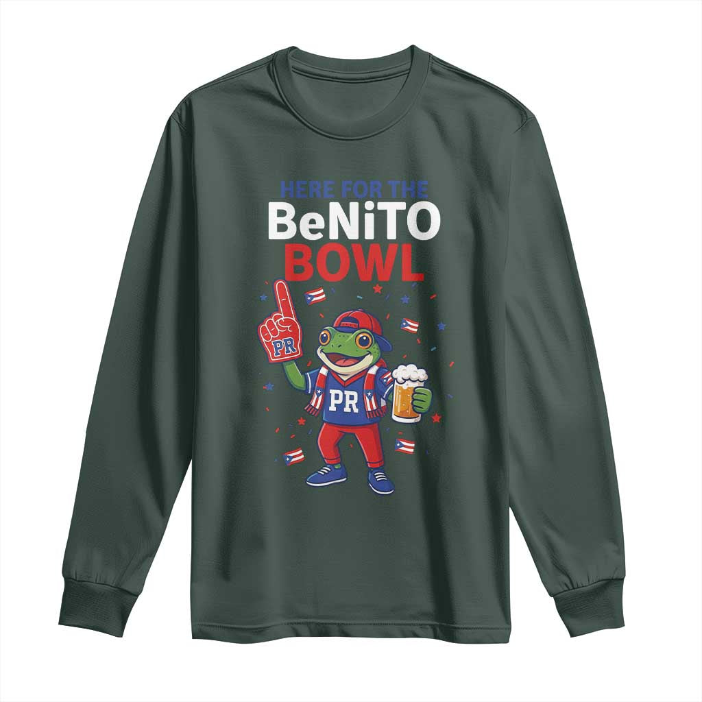 Funny Benito Bowl Puerto Rican Football Long Sleeve Shirt Coquí Frog Music Fan with Beer and Foam Finger TS02 Dark Forest Green Print Your Wear