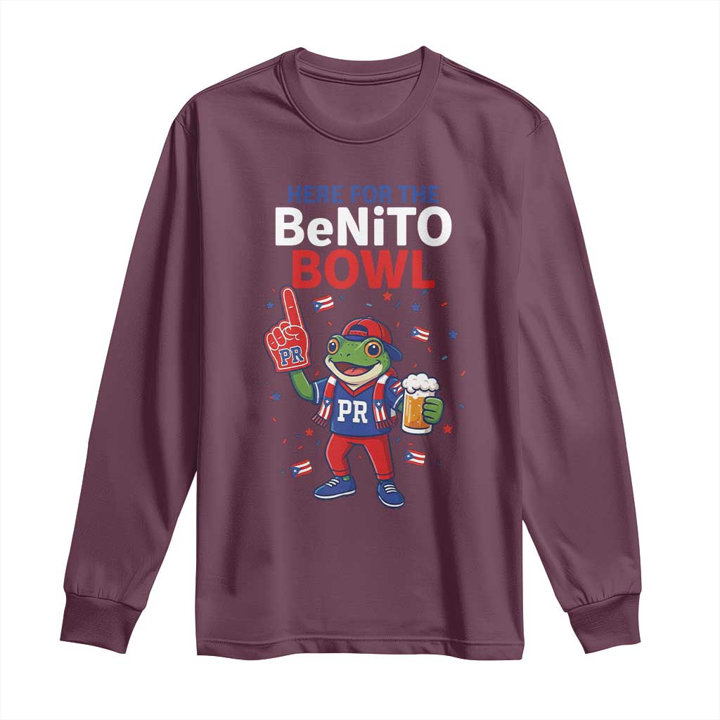 Funny Benito Bowl Puerto Rican Football Long Sleeve Shirt Coquí Frog Music Fan with Beer and Foam Finger TS02 Maroon Print Your Wear