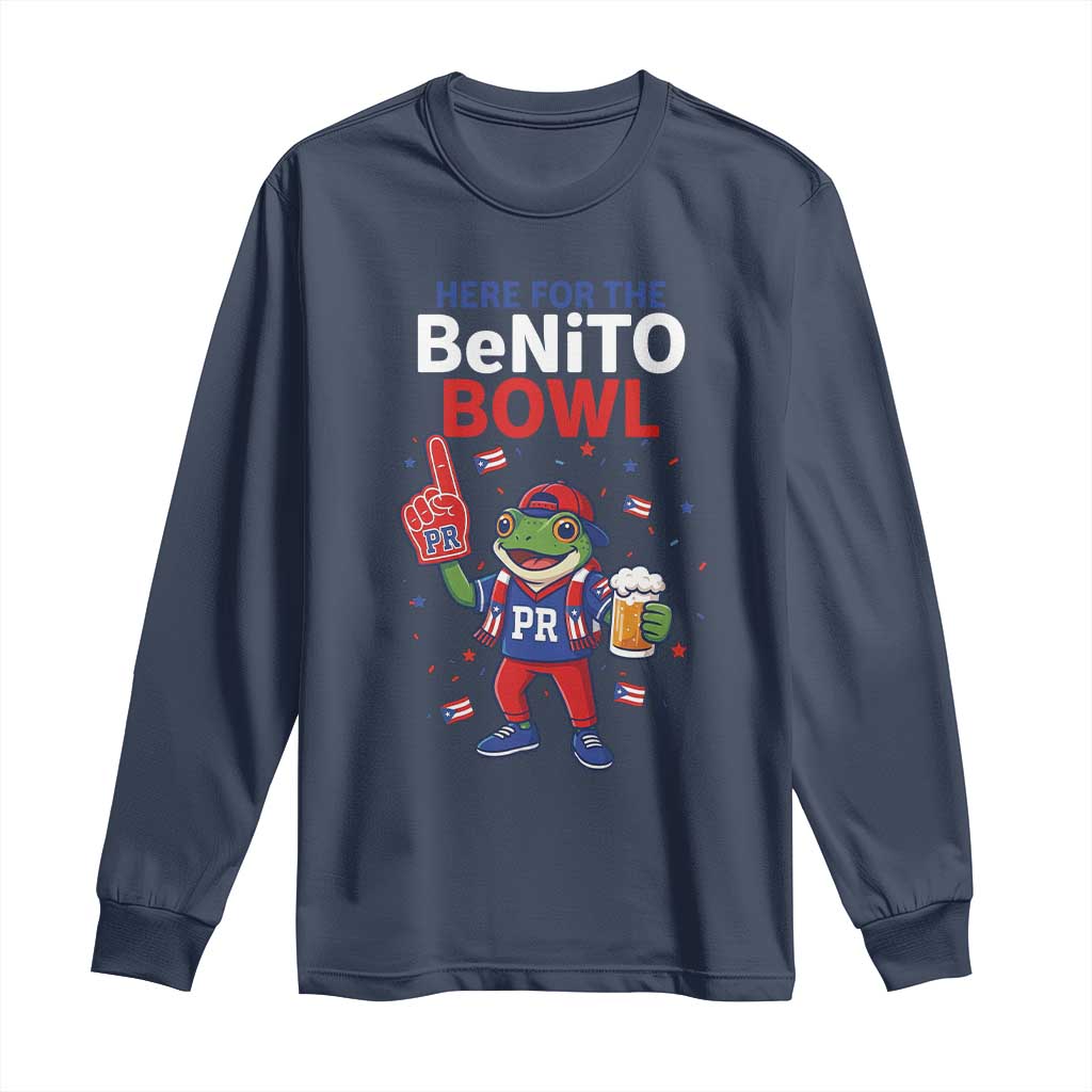 Funny Benito Bowl Puerto Rican Football Long Sleeve Shirt Coquí Frog Music Fan with Beer and Foam Finger TS02 Navy Print Your Wear