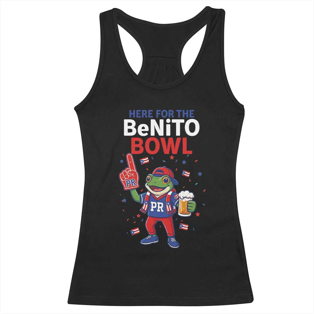 Funny Benito Bowl Puerto Rican Football Racerback Tank Top Coquí Frog Music Fan with Beer and Foam Finger TS02 Black Print Your Wear