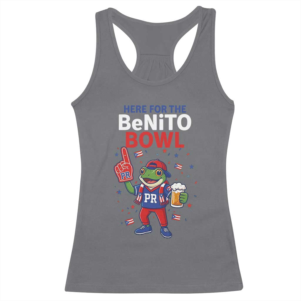 Funny Benito Bowl Puerto Rican Football Racerback Tank Top Coquí Frog Music Fan with Beer and Foam Finger TS02 Charcoal Print Your Wear
