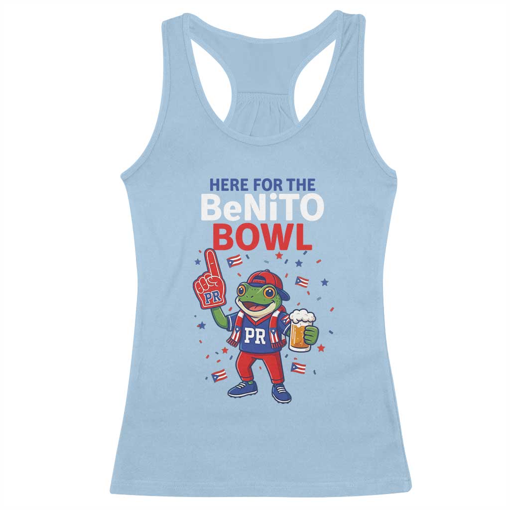 Funny Benito Bowl Puerto Rican Football Racerback Tank Top Coquí Frog Music Fan with Beer and Foam Finger TS02 Light Blue Print Your Wear