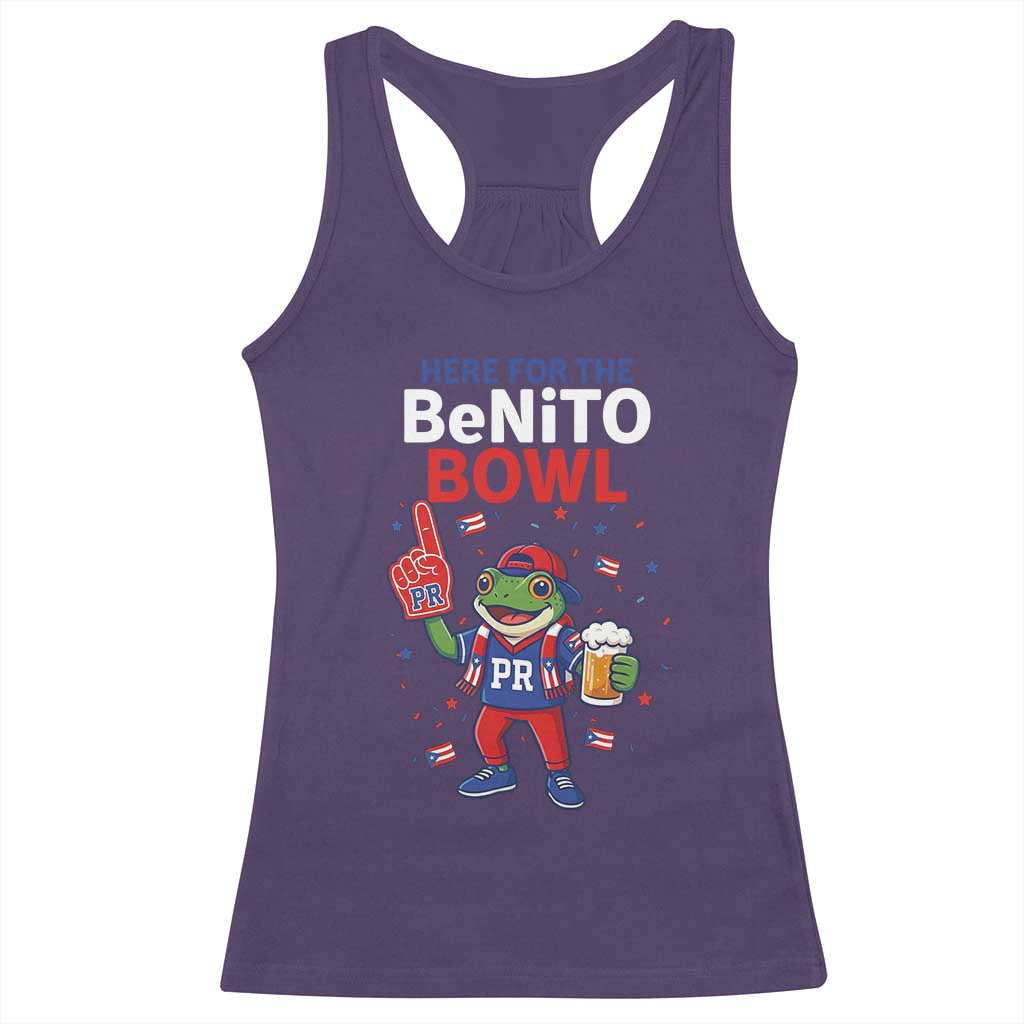 Funny Benito Bowl Puerto Rican Football Racerback Tank Top Coquí Frog Music Fan with Beer and Foam Finger TS02 Purple Print Your Wear