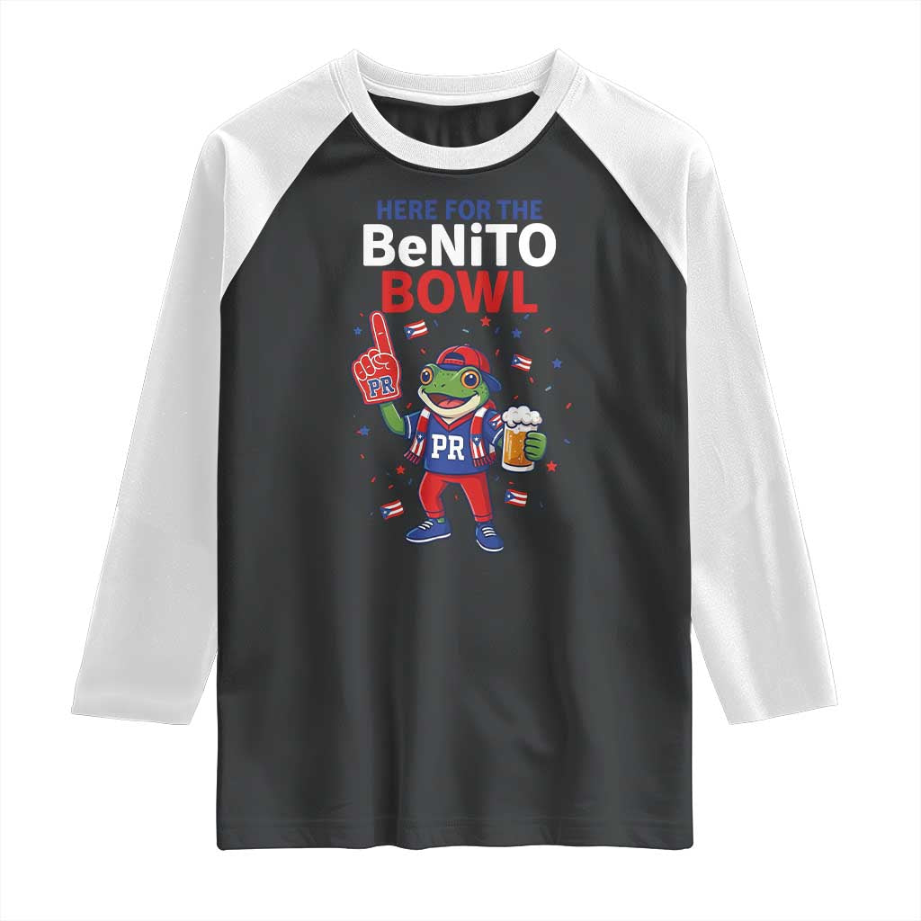 Funny Benito Bowl Puerto Rican Football Raglan Shirt Coquí Frog Music Fan with Beer and Foam Finger TS02 Black White Print Your Wear