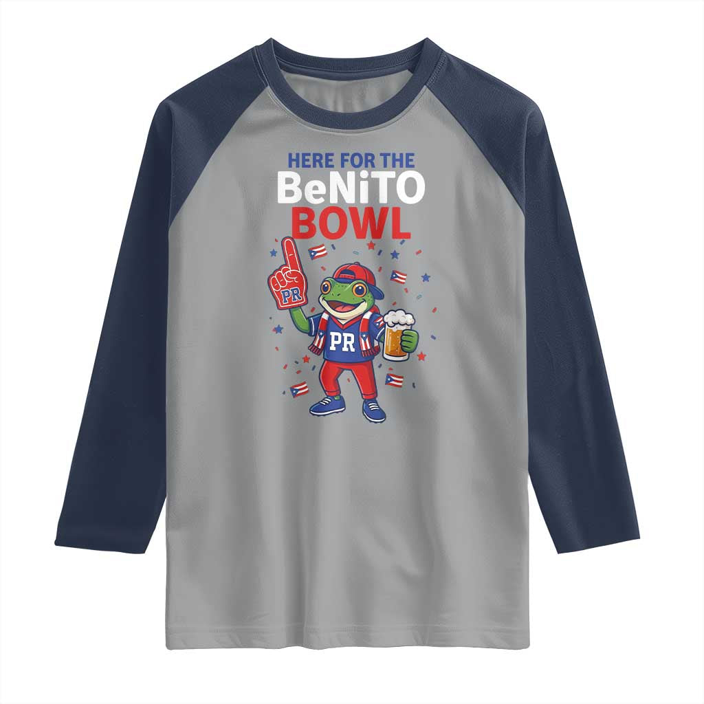 Funny Benito Bowl Puerto Rican Football Raglan Shirt Coquí Frog Music Fan with Beer and Foam Finger TS02 Sport Gray Navy Print Your Wear