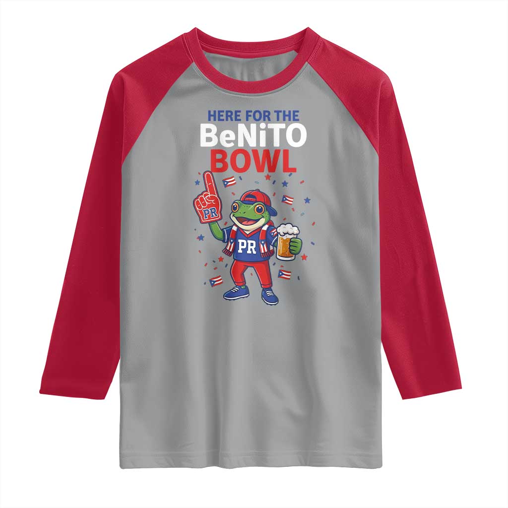 Funny Benito Bowl Puerto Rican Football Raglan Shirt Coquí Frog Music Fan with Beer and Foam Finger TS02 Sport Gray Red Print Your Wear