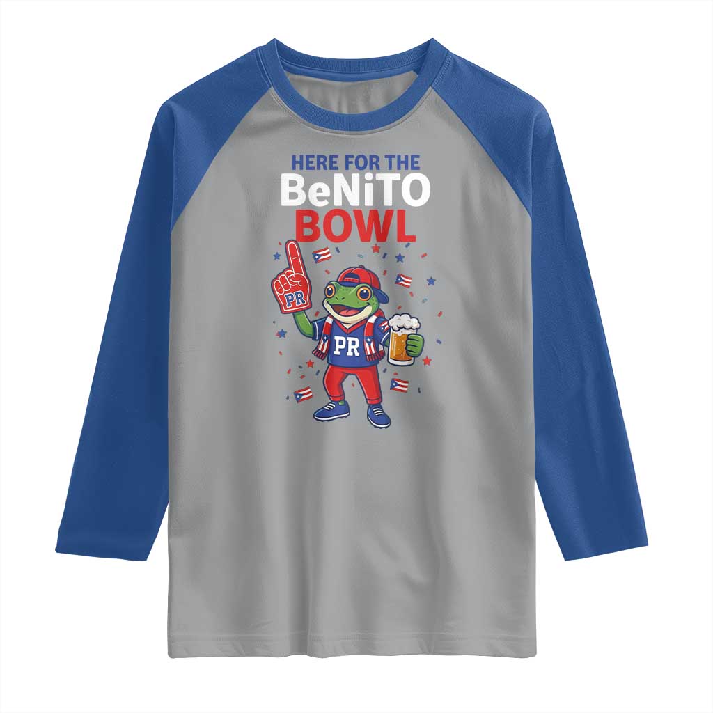 Funny Benito Bowl Puerto Rican Football Raglan Shirt Coquí Frog Music Fan with Beer and Foam Finger TS02 Sport Gray Royal Print Your Wear