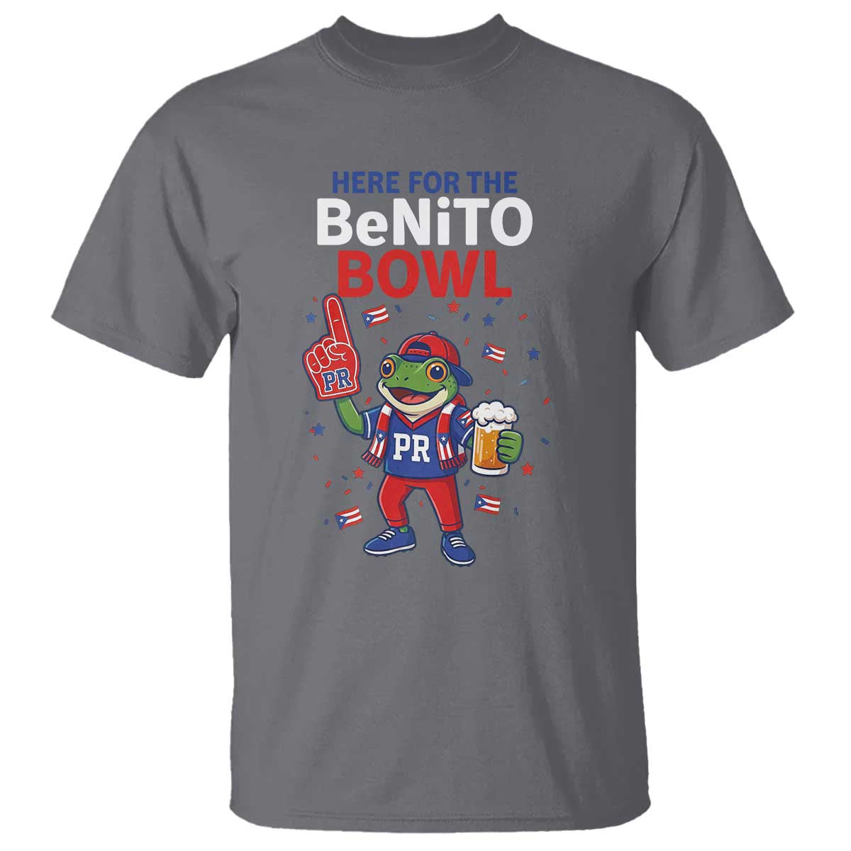 Funny Benito Bowl Puerto Rican Football T Shirt Coquí Frog Music Fan with Beer and Foam Finger TS02 Charcoal Print Your Wear