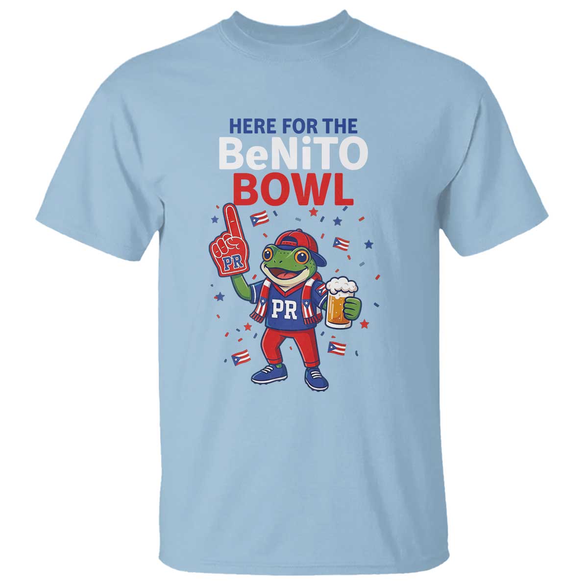 Funny Benito Bowl Puerto Rican Football T Shirt Coquí Frog Music Fan with Beer and Foam Finger TS02 Light Blue Print Your Wear