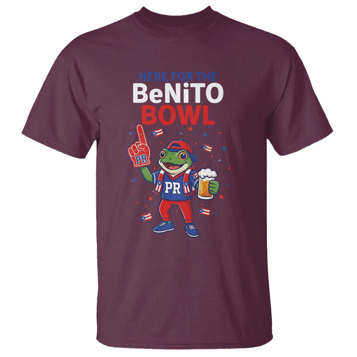 Funny Benito Bowl Puerto Rican Football T Shirt Coquí Frog Music Fan with Beer and Foam Finger TS02 Maroon Print Your Wear