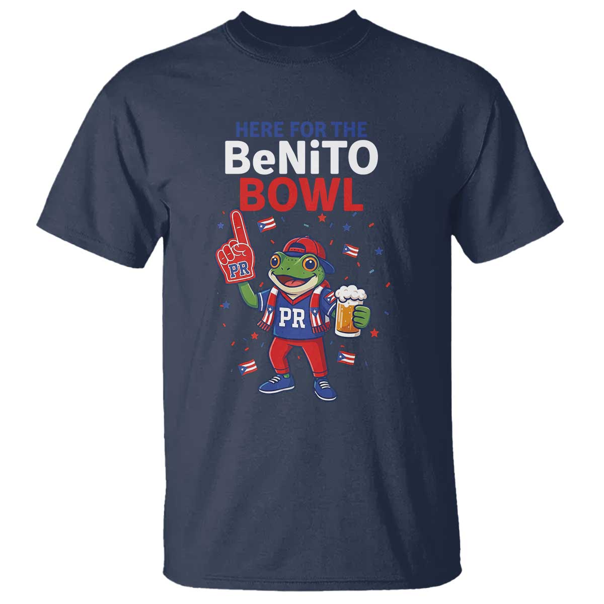 Funny Benito Bowl Puerto Rican Football T Shirt Coquí Frog Music Fan with Beer and Foam Finger TS02 Navy Print Your Wear