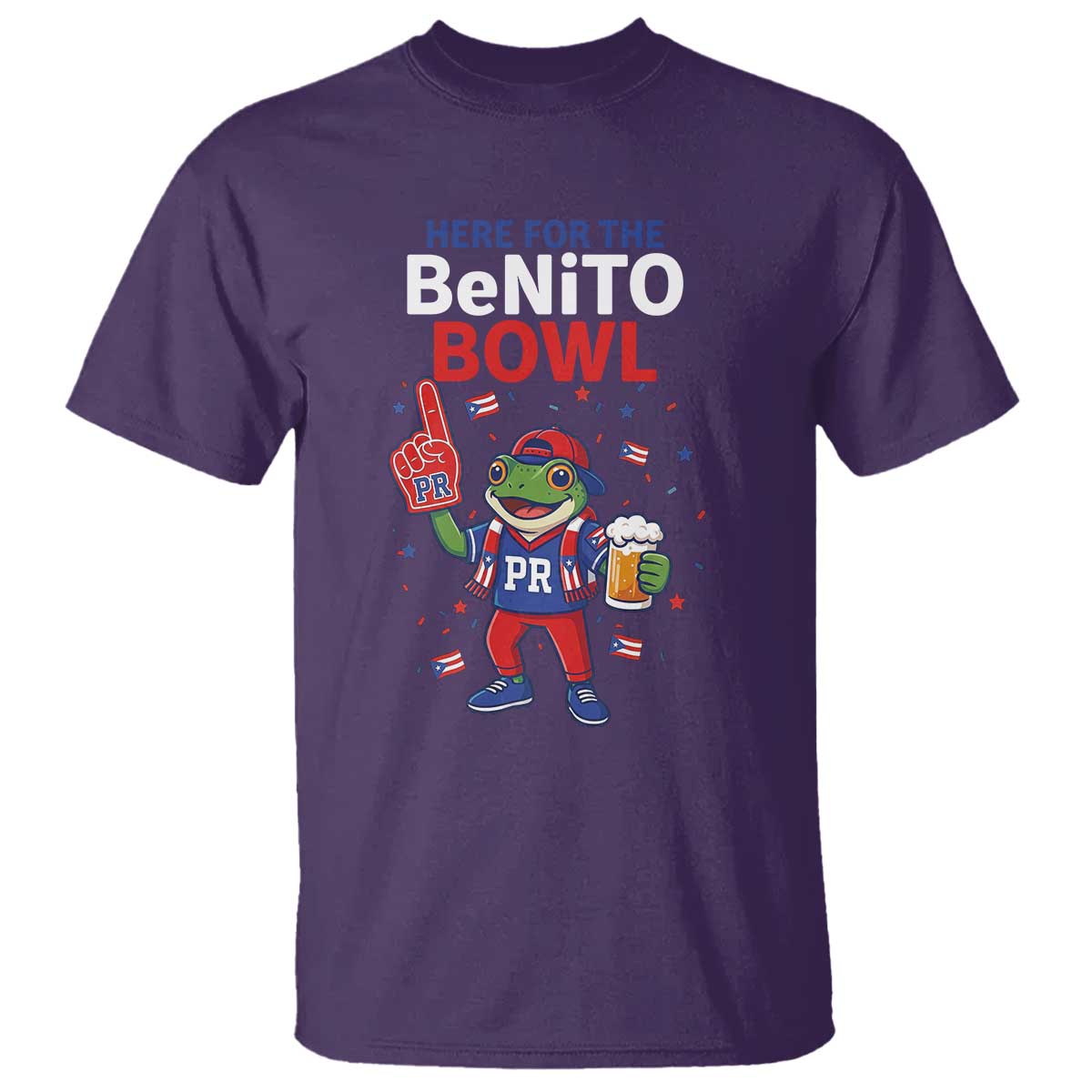 Funny Benito Bowl Puerto Rican Football T Shirt Coquí Frog Music Fan with Beer and Foam Finger TS02 Purple Print Your Wear