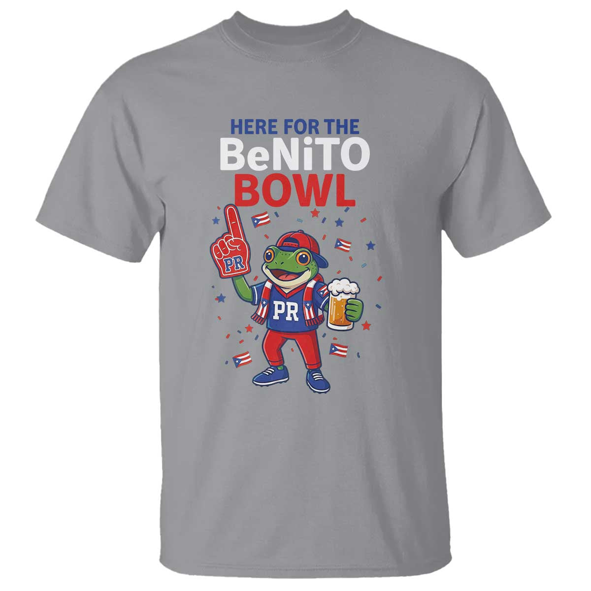 Funny Benito Bowl Puerto Rican Football T Shirt Coquí Frog Music Fan with Beer and Foam Finger TS02 Sport Gray Print Your Wear