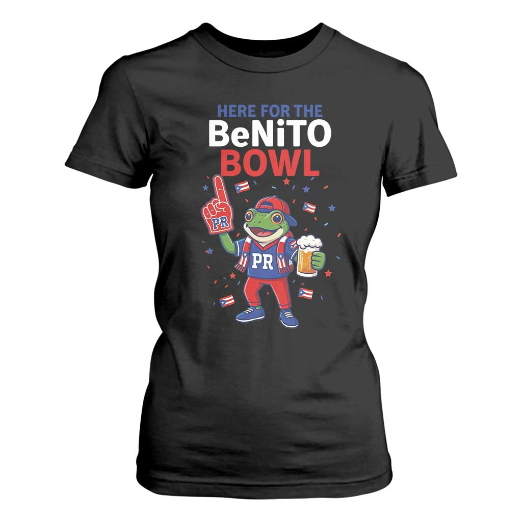 Funny Benito Bowl Puerto Rican Football T Shirt For Women Coquí Frog Music Fan with Beer and Foam Finger TS02 Black Print Your Wear