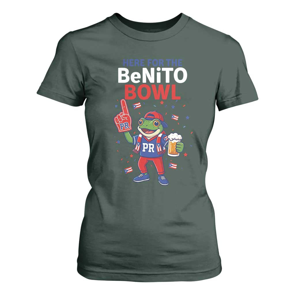 Funny Benito Bowl Puerto Rican Football T Shirt For Women Coquí Frog Music Fan with Beer and Foam Finger TS02 Dark Forest Green Print Your Wear