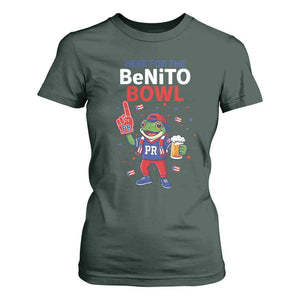 Funny Benito Bowl Puerto Rican Football T Shirt For Women Coquí Frog Music Fan with Beer and Foam Finger TS02 Dark Forest Green Print Your Wear