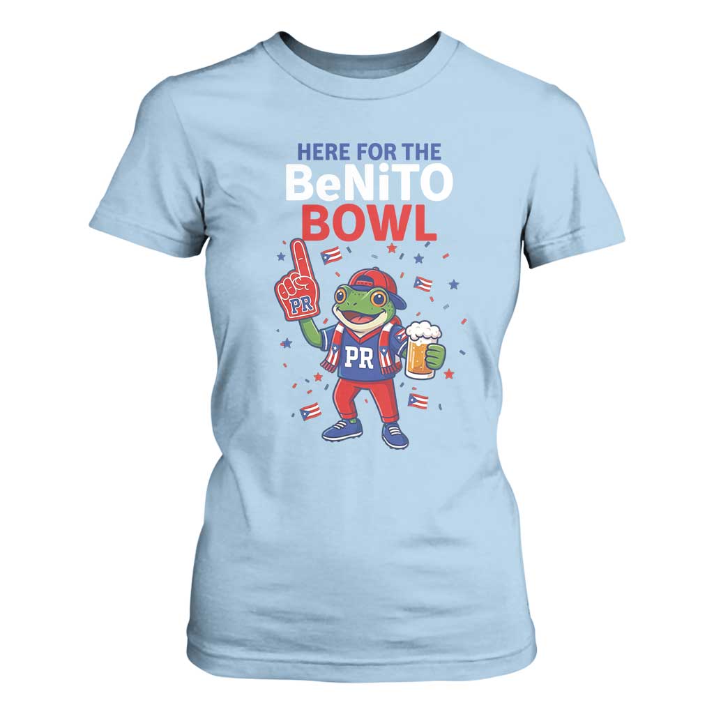 Funny Benito Bowl Puerto Rican Football T Shirt For Women Coquí Frog Music Fan with Beer and Foam Finger TS02 Light Blue Print Your Wear