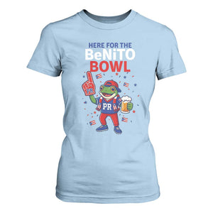 Funny Benito Bowl Puerto Rican Football T Shirt For Women Coquí Frog Music Fan with Beer and Foam Finger TS02 Light Blue Print Your Wear