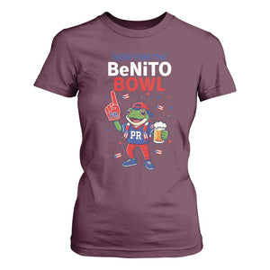 Funny Benito Bowl Puerto Rican Football T Shirt For Women Coquí Frog Music Fan with Beer and Foam Finger TS02 Maroon Print Your Wear