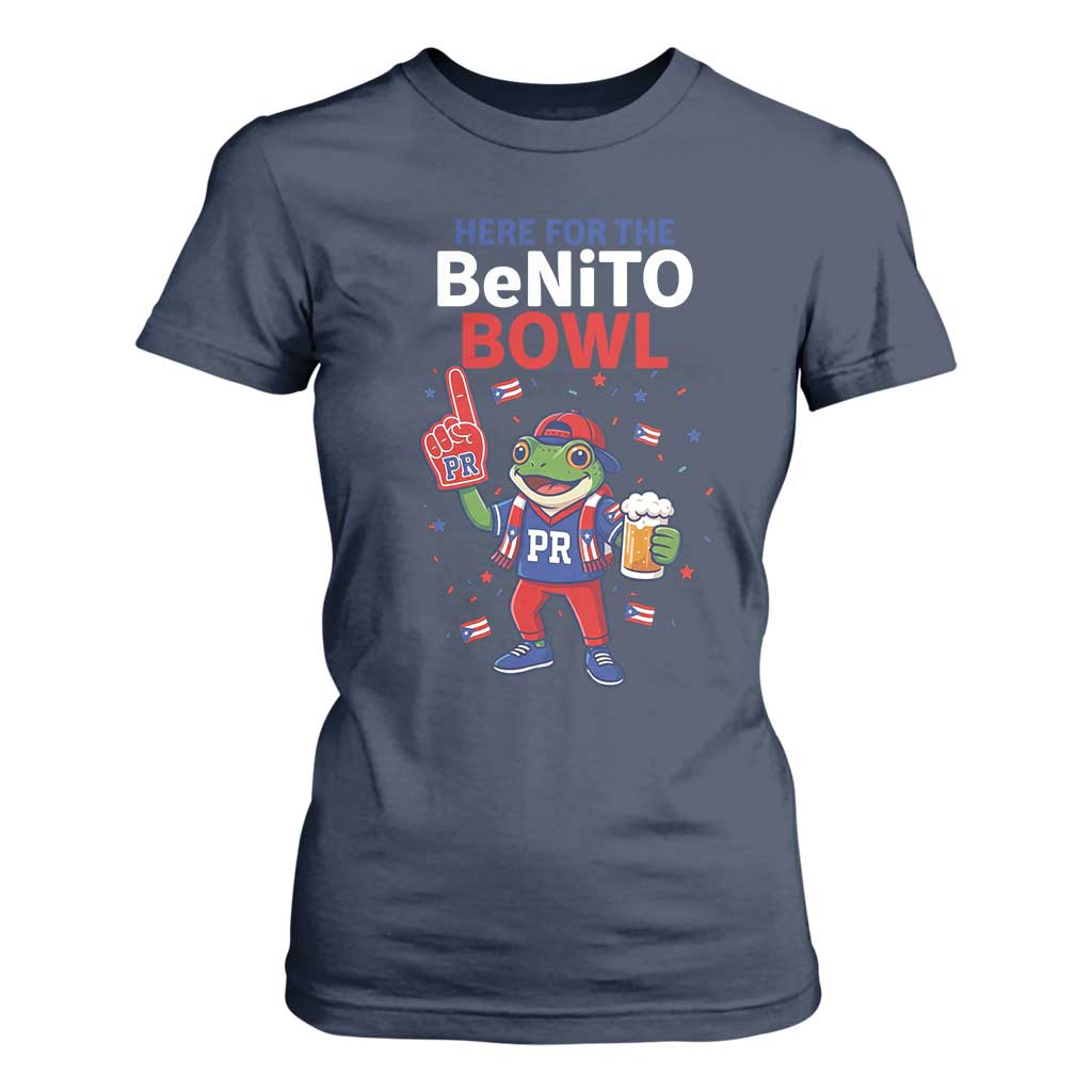 Funny Benito Bowl Puerto Rican Football T Shirt For Women Coquí Frog Music Fan with Beer and Foam Finger TS02 Navy Print Your Wear